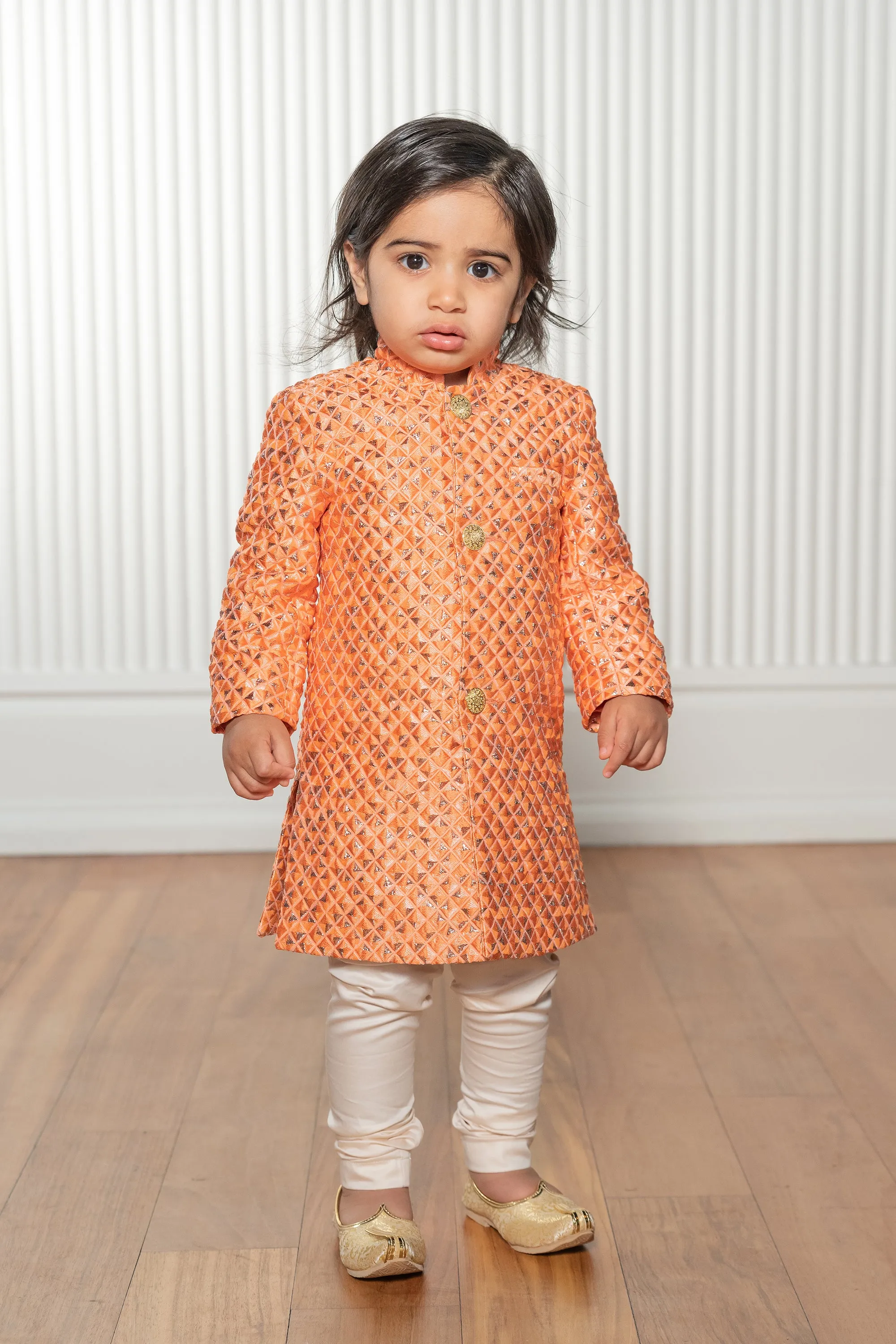 HARVIR Metallic Diamond Jacquard Kids Sherwani