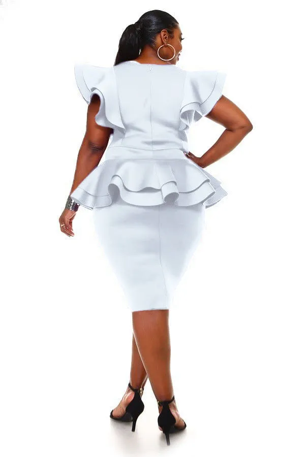 Hi Curvy  Plus Size Women Elegant White Cascade Tiered Ruffle MIDI Dress