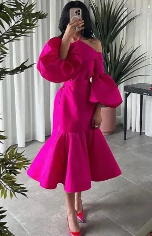 Hot Pink Halter Prom Puff Sleeve Midi Party Dresses Wed Dress Formal Gown