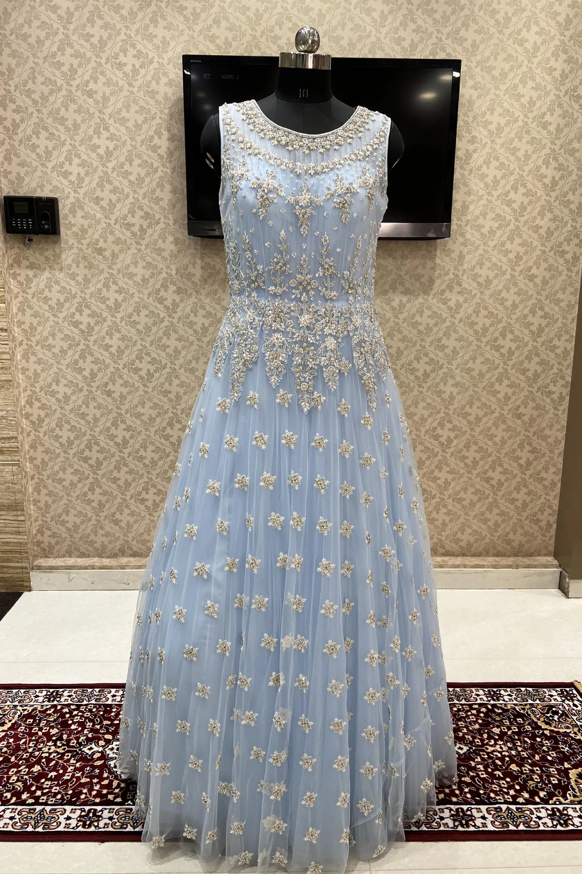 Ice Blue Stone, Beads, Pearl and Sequins work Bridal and Partywear Gown