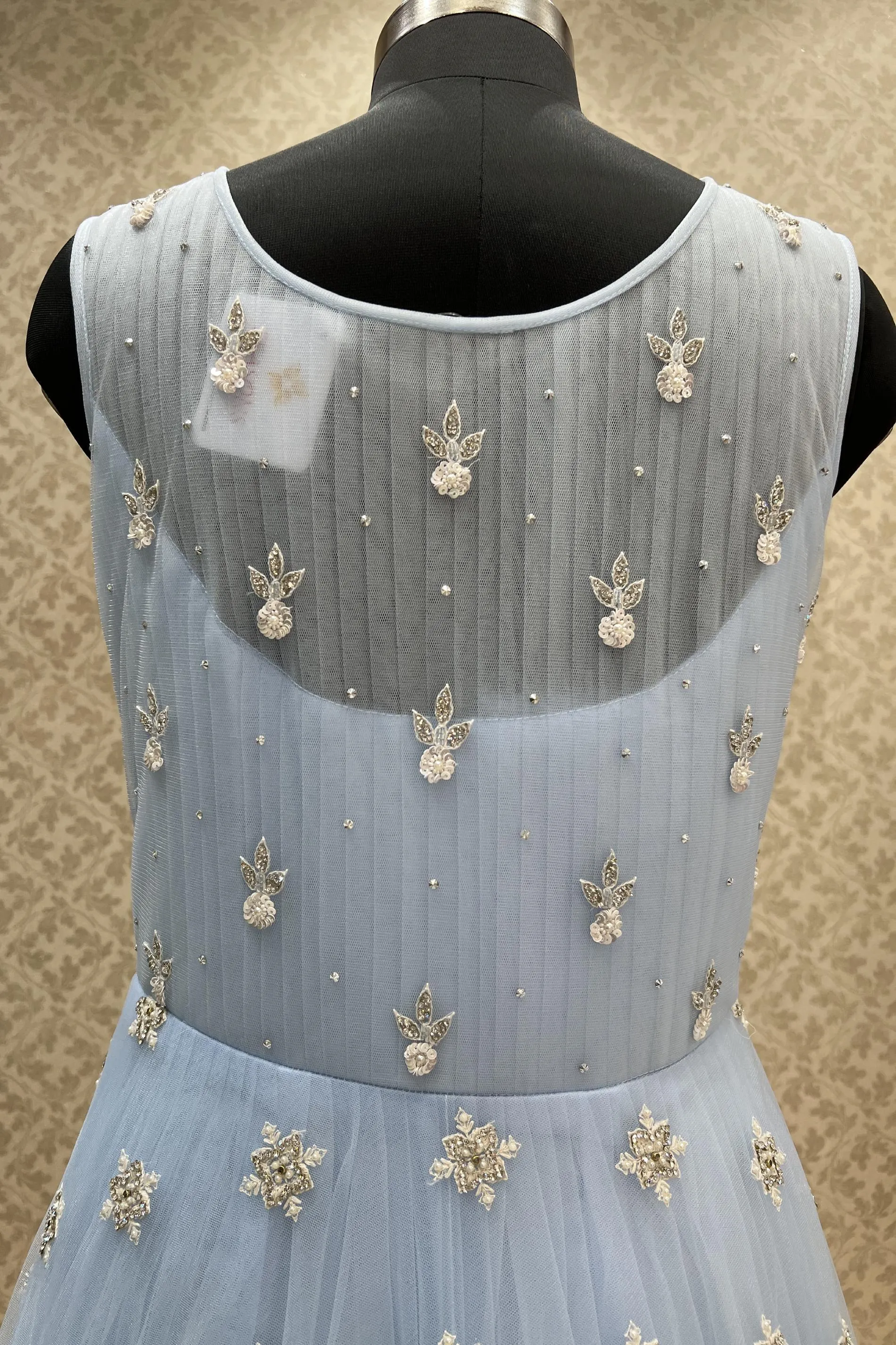 Ice Blue Stone, Beads, Pearl and Sequins work Bridal and Partywear Gown