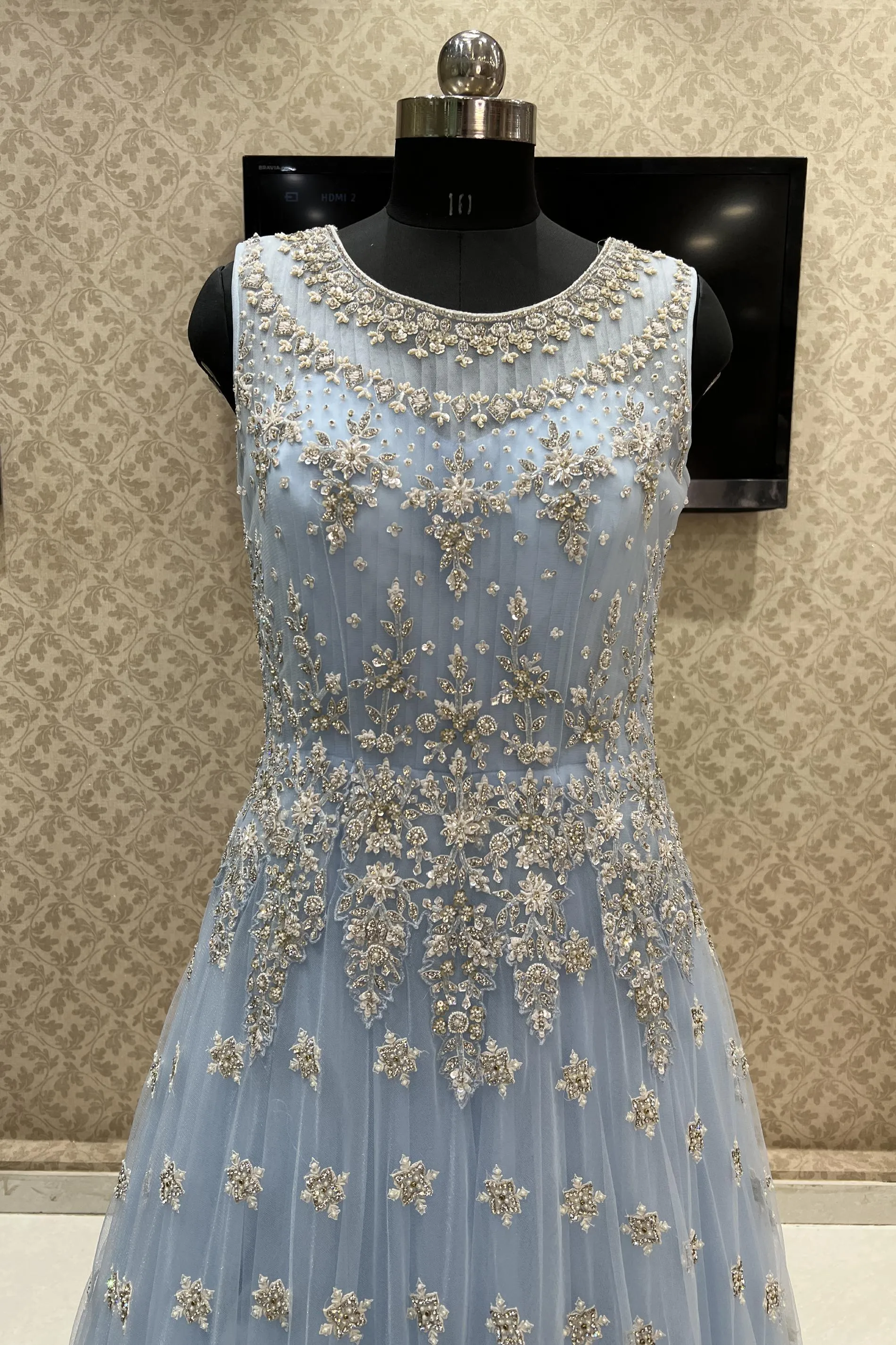 Ice Blue Stone, Beads, Pearl and Sequins work Bridal and Partywear Gown