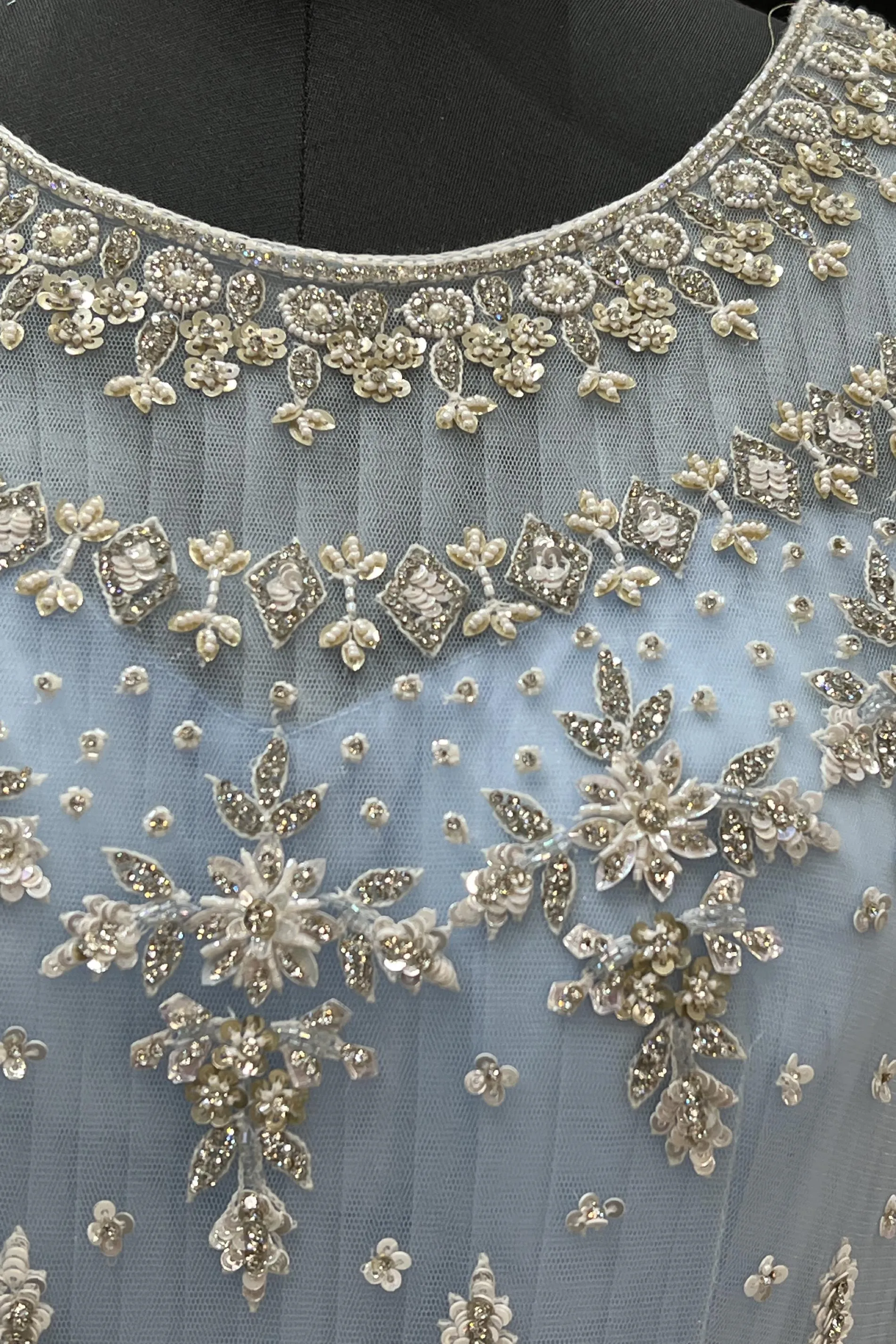 Ice Blue Stone, Beads, Pearl and Sequins work Bridal and Partywear Gown