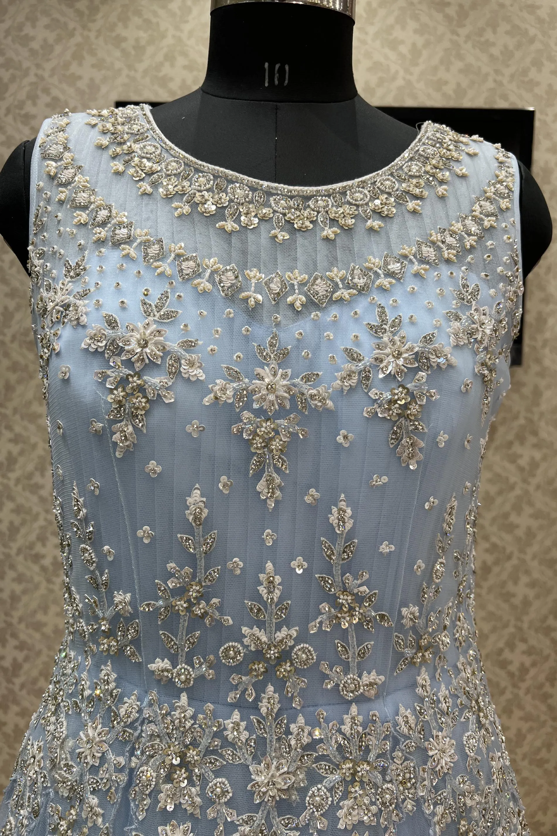 Ice Blue Stone, Beads, Pearl and Sequins work Bridal and Partywear Gown