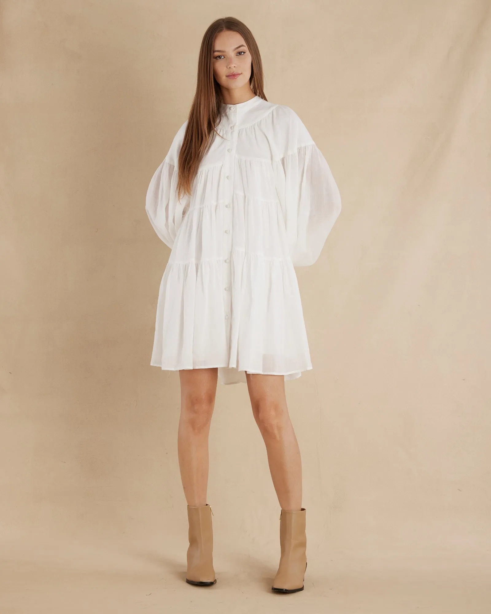 Isabelle Ramie Tiered Mini Dress - White