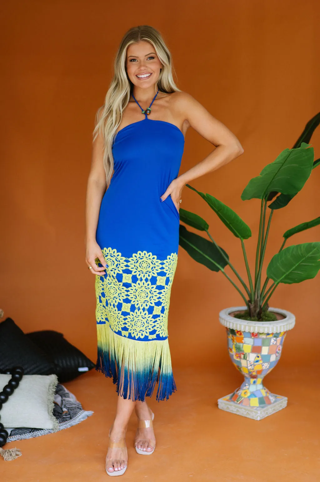 Juniper Fringe Midi Dress-Royal Blue