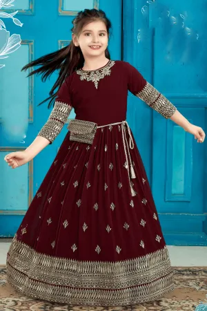 Maroon Sequins, Stone and Zari work Long Party Gown for Girls with Matching Designer Bag