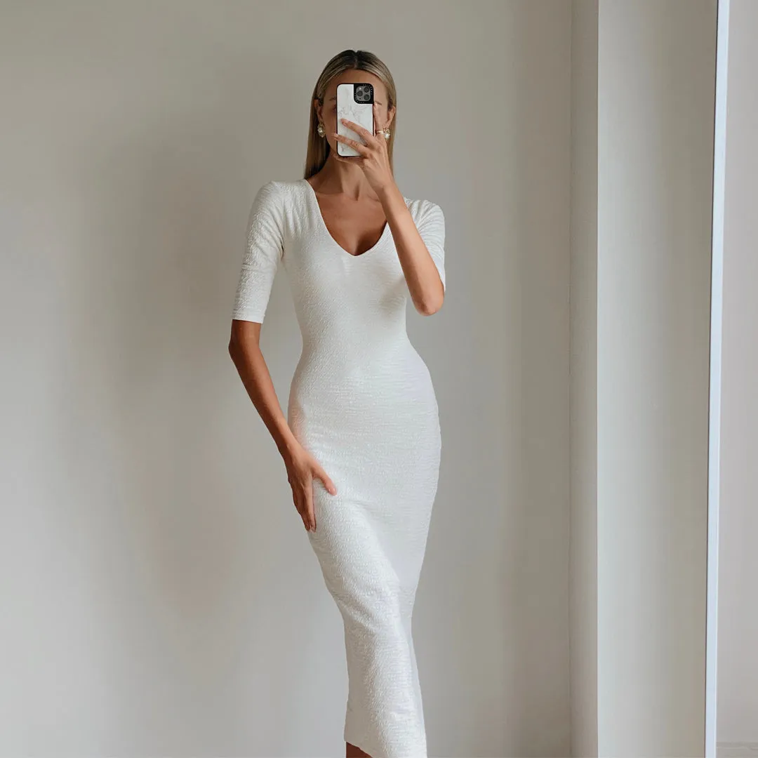 MIA White Bodycon V Neck Midi Dress