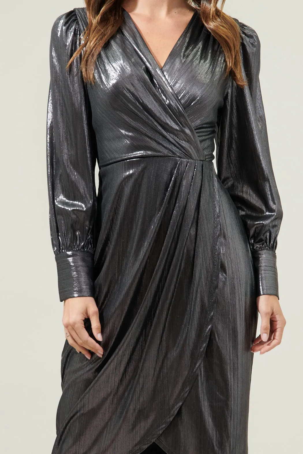 Midnight Strikes Metallic Faux Wrap Dress