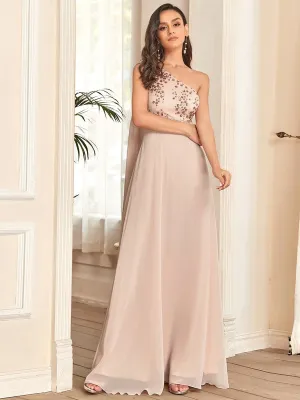 One Shoulder Sequin Cherry Blossom A-Line Evening Dress