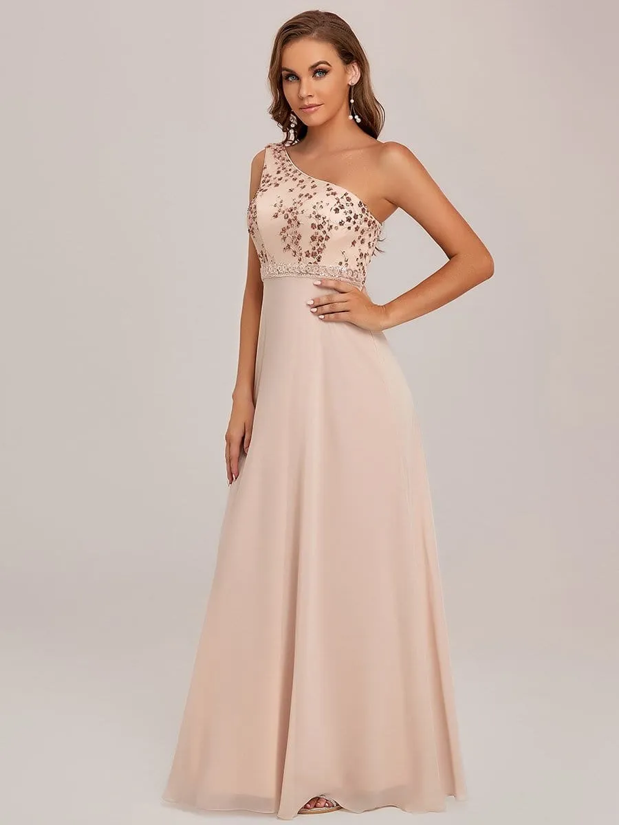 One Shoulder Sequin Cherry Blossom A-Line Evening Dress