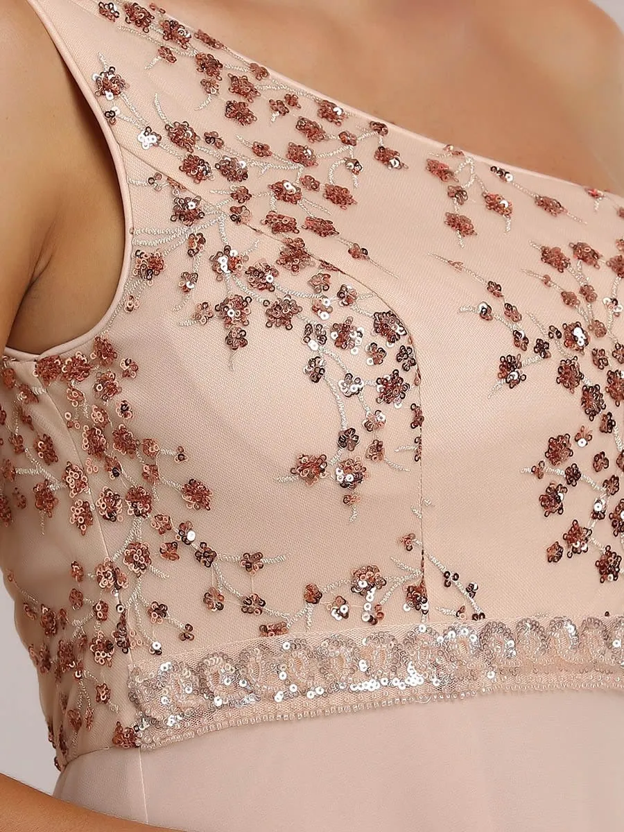 One Shoulder Sequin Cherry Blossom A-Line Evening Dress