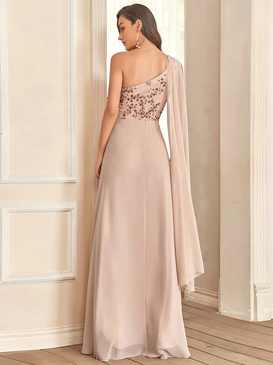 One Shoulder Sequin Cherry Blossom A-Line Evening Dress