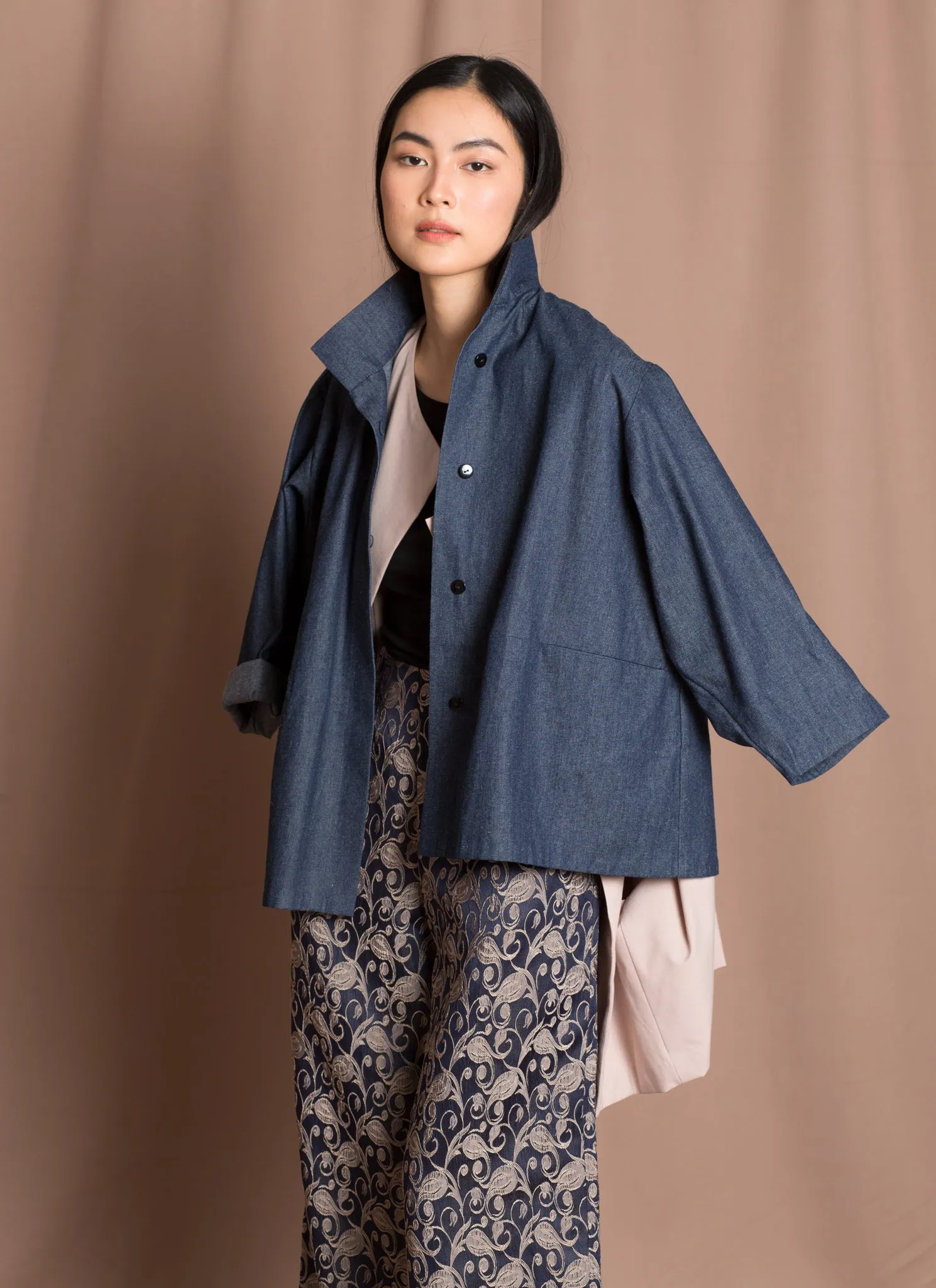 Opaque Button-Up Pocket Denim Shirt Jacket - Dark Blue