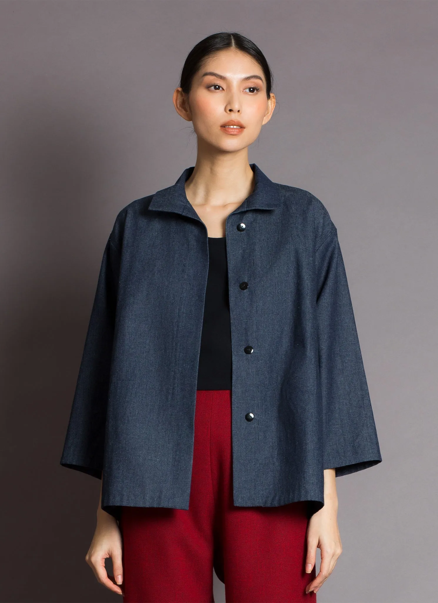 Opaque Button-Up Pocket Denim Shirt Jacket - Dark Blue