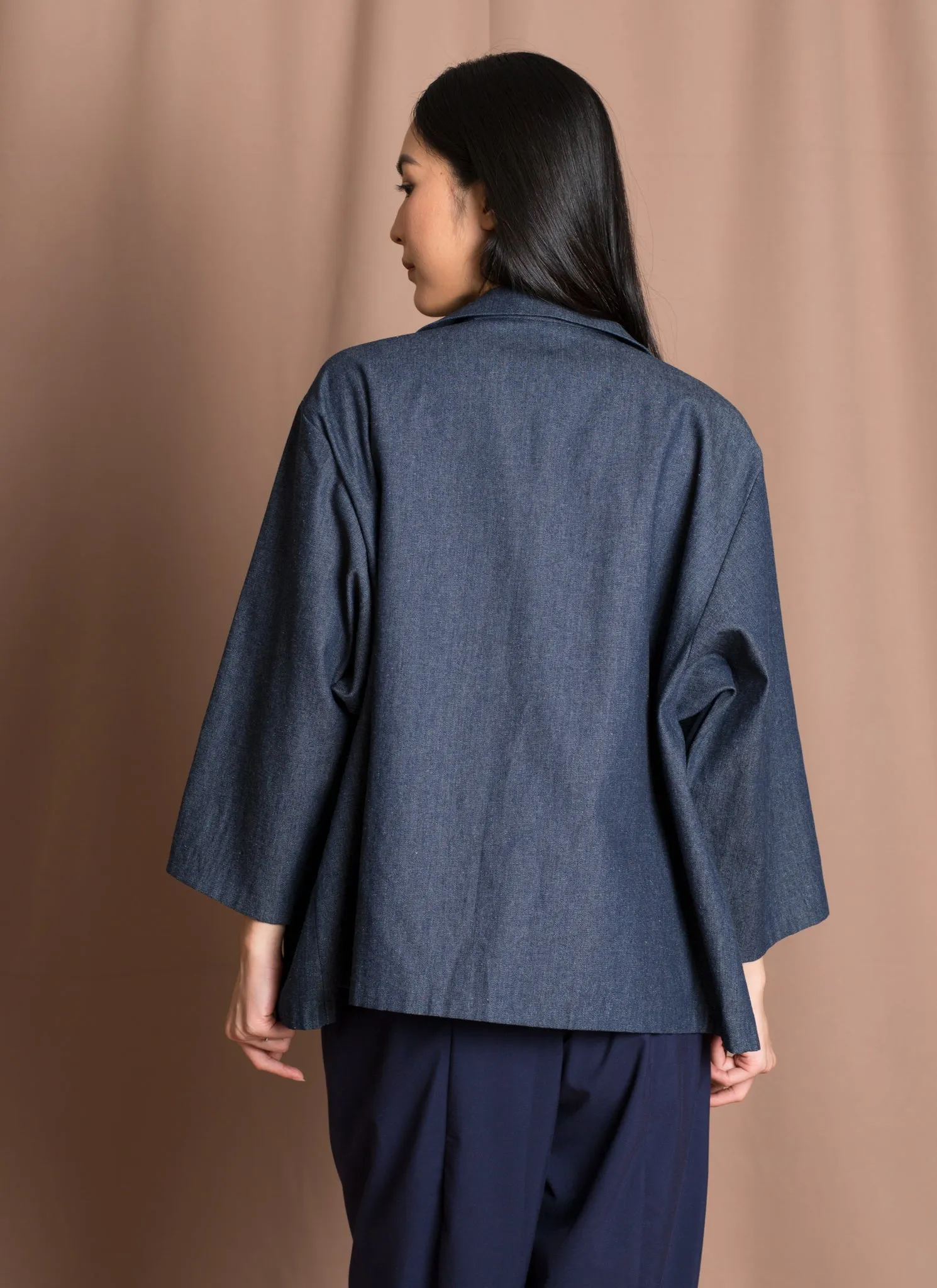 Opaque Button-Up Pocket Denim Shirt Jacket - Dark Blue