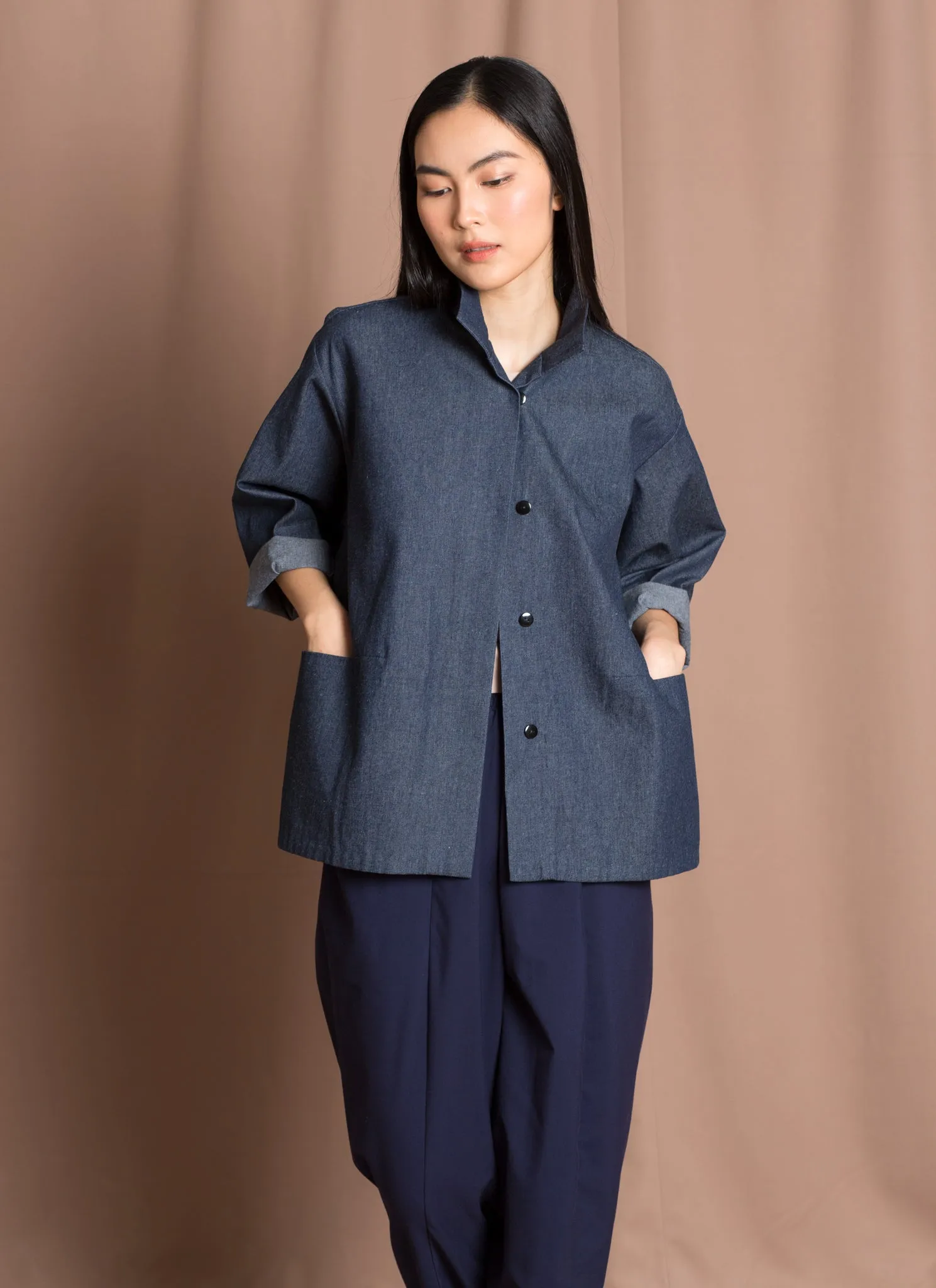 Opaque Button-Up Pocket Denim Shirt Jacket - Dark Blue