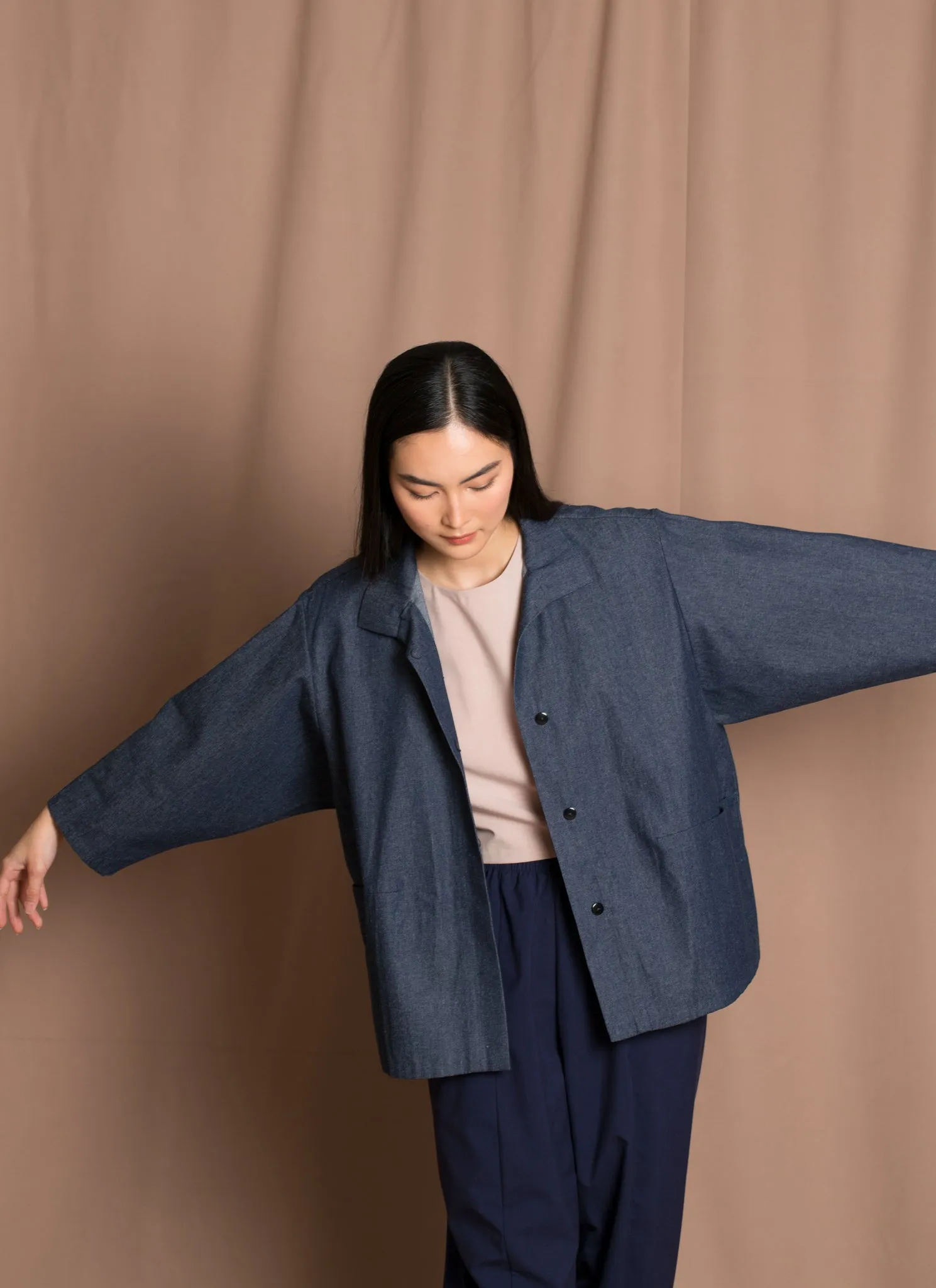 Opaque Button-Up Pocket Denim Shirt Jacket - Dark Blue