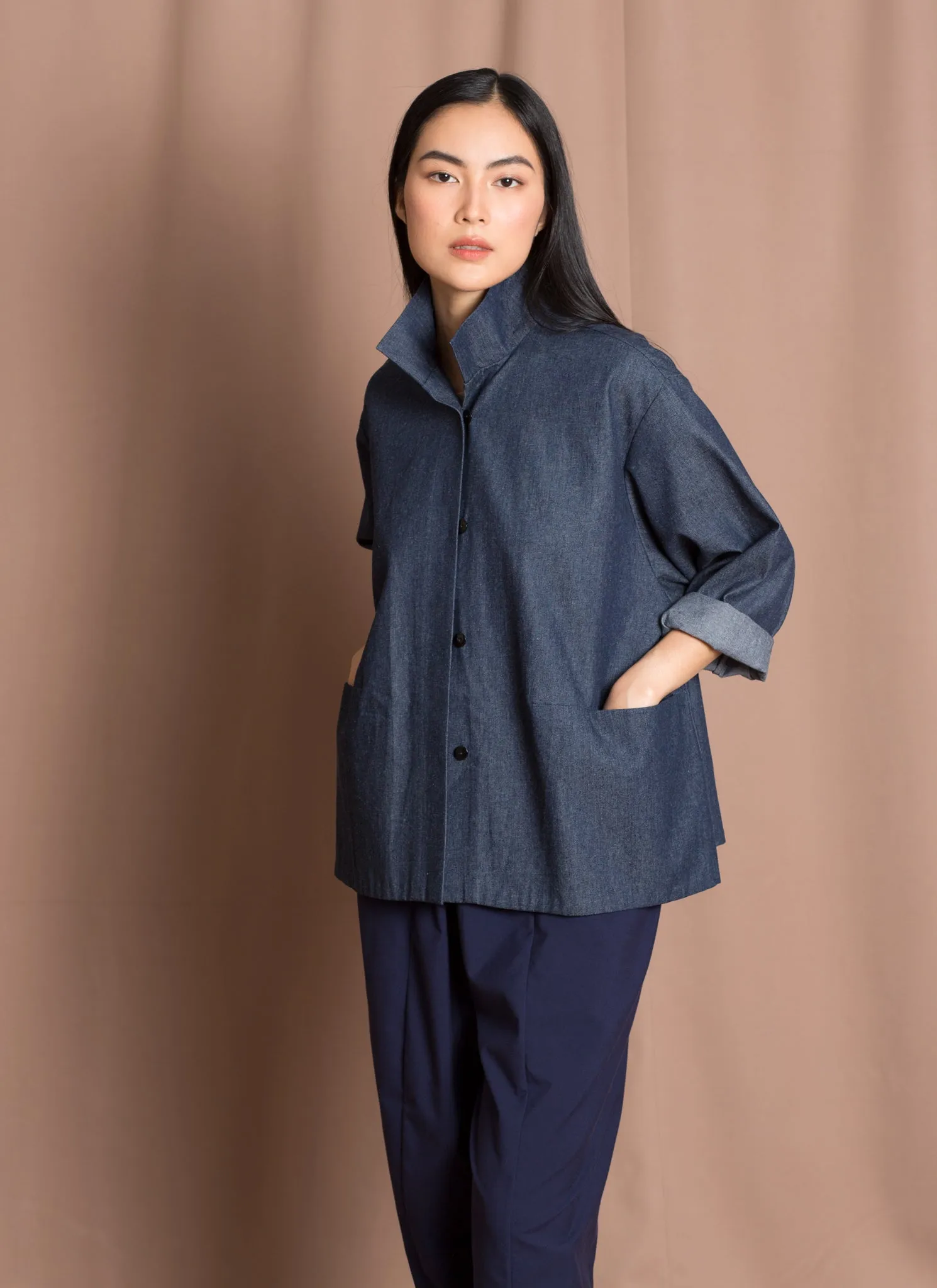 Opaque Button-Up Pocket Denim Shirt Jacket - Dark Blue