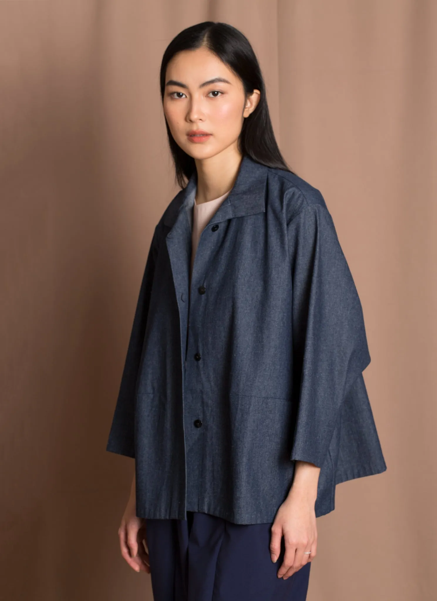 Opaque Button-Up Pocket Denim Shirt Jacket - Dark Blue