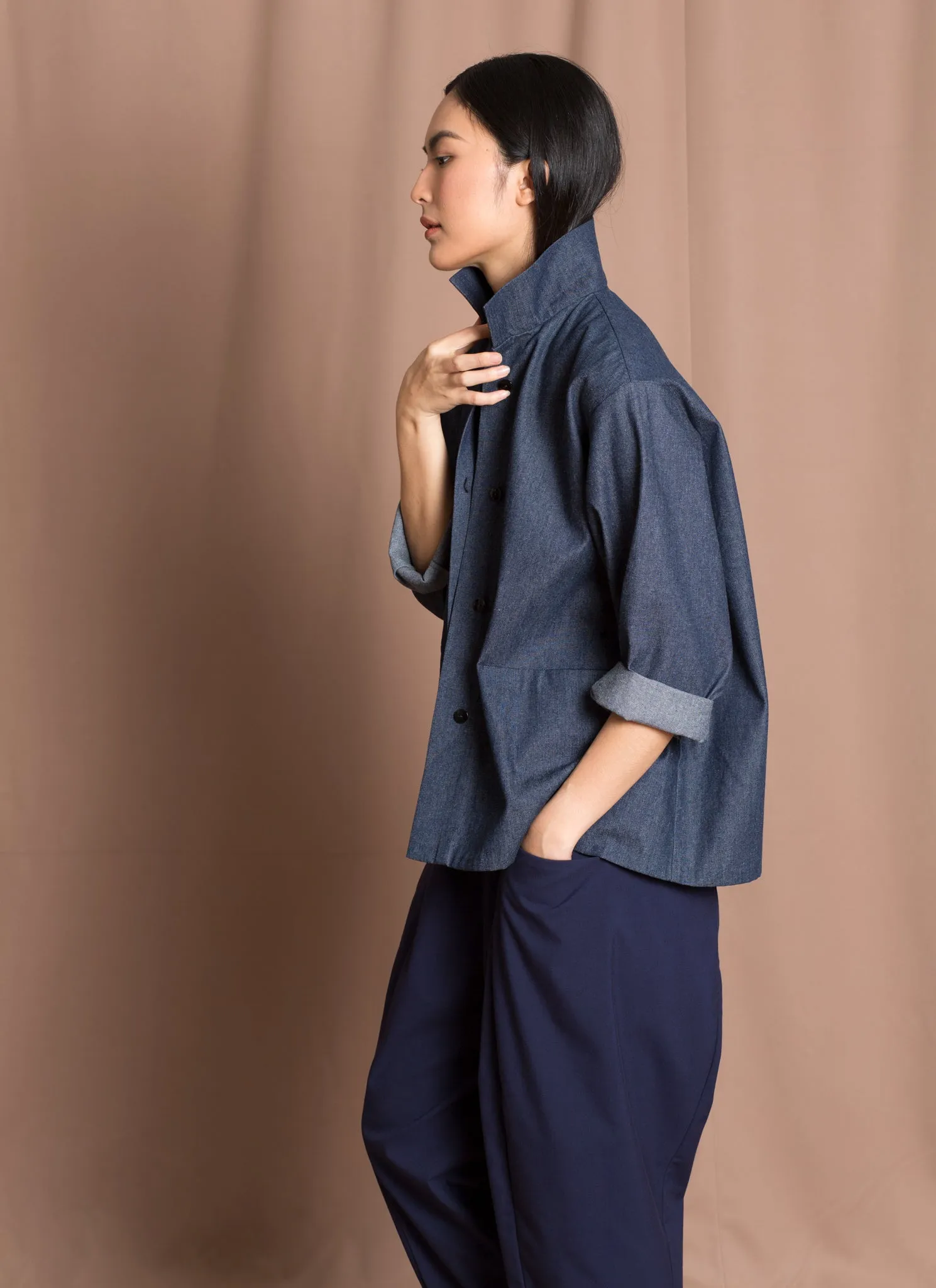 Opaque Button-Up Pocket Denim Shirt Jacket - Dark Blue