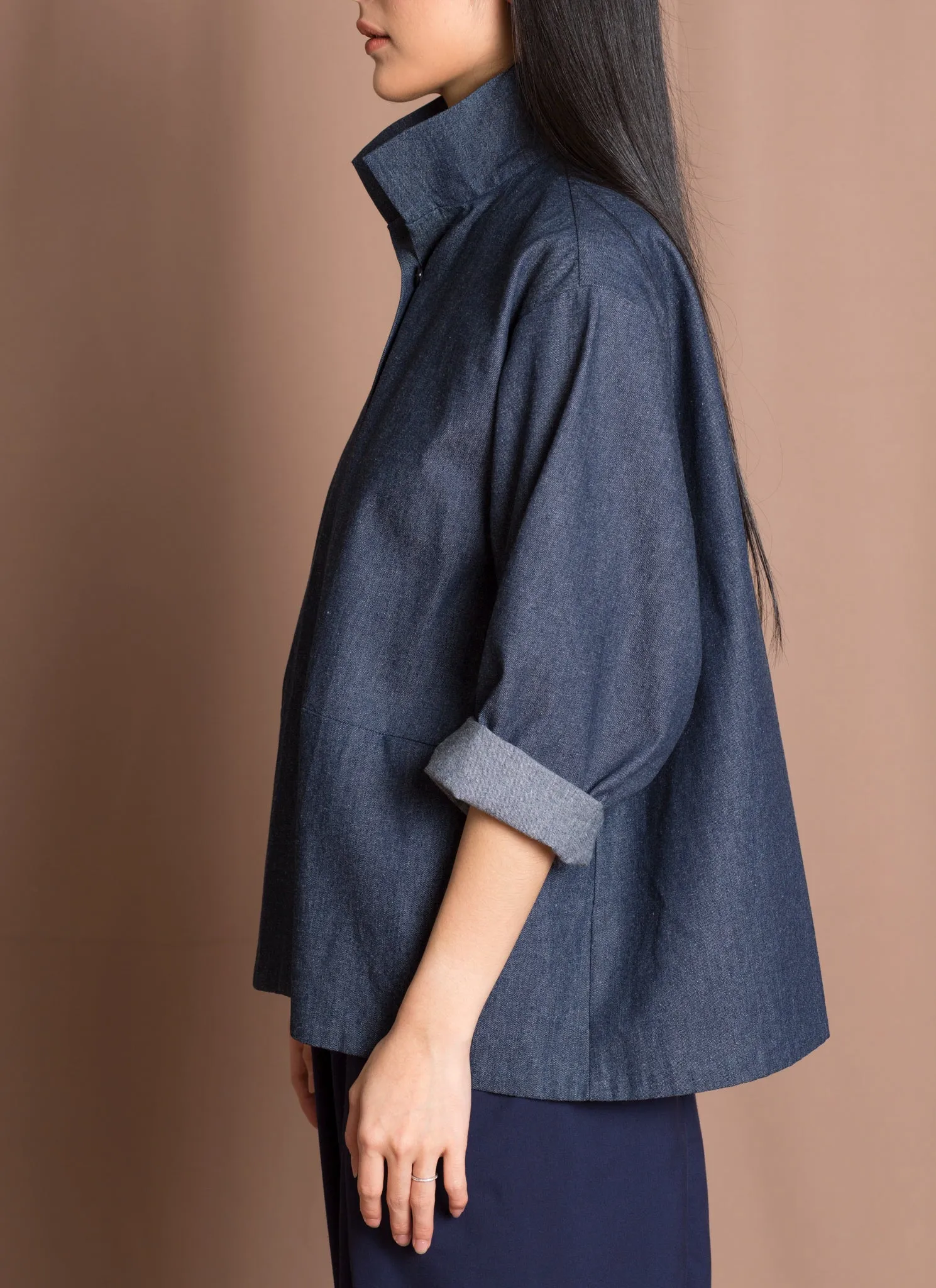 Opaque Button-Up Pocket Denim Shirt Jacket - Dark Blue