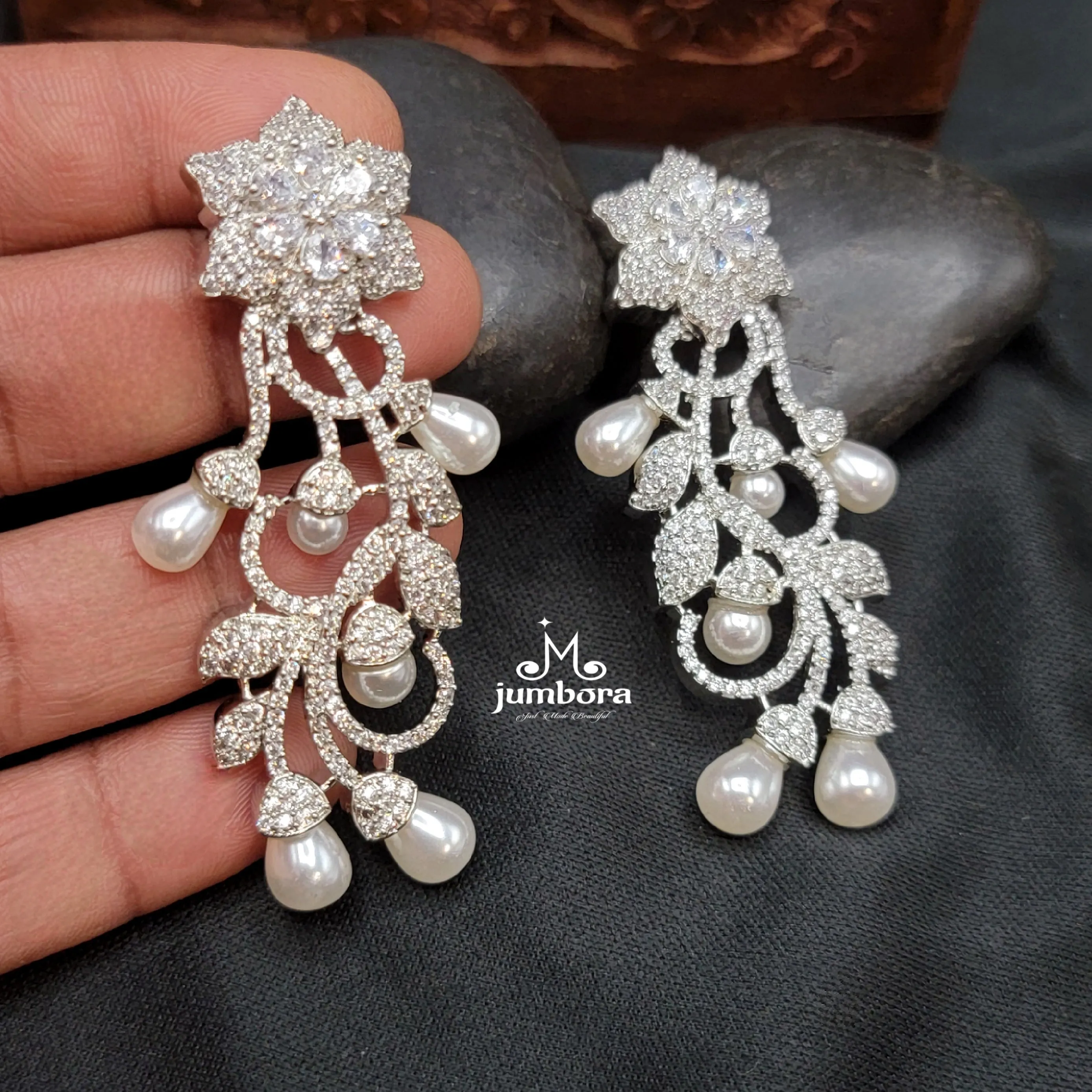 Partywear Designer Floral Pearl &  White AD Zircon Earrings