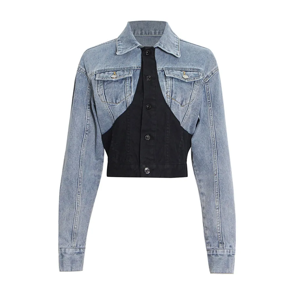 Patchwork Button Denim Coats For Women Lapel Long Sleeve Casual Slimming Hit Color Jacket Female Fashion Clothing