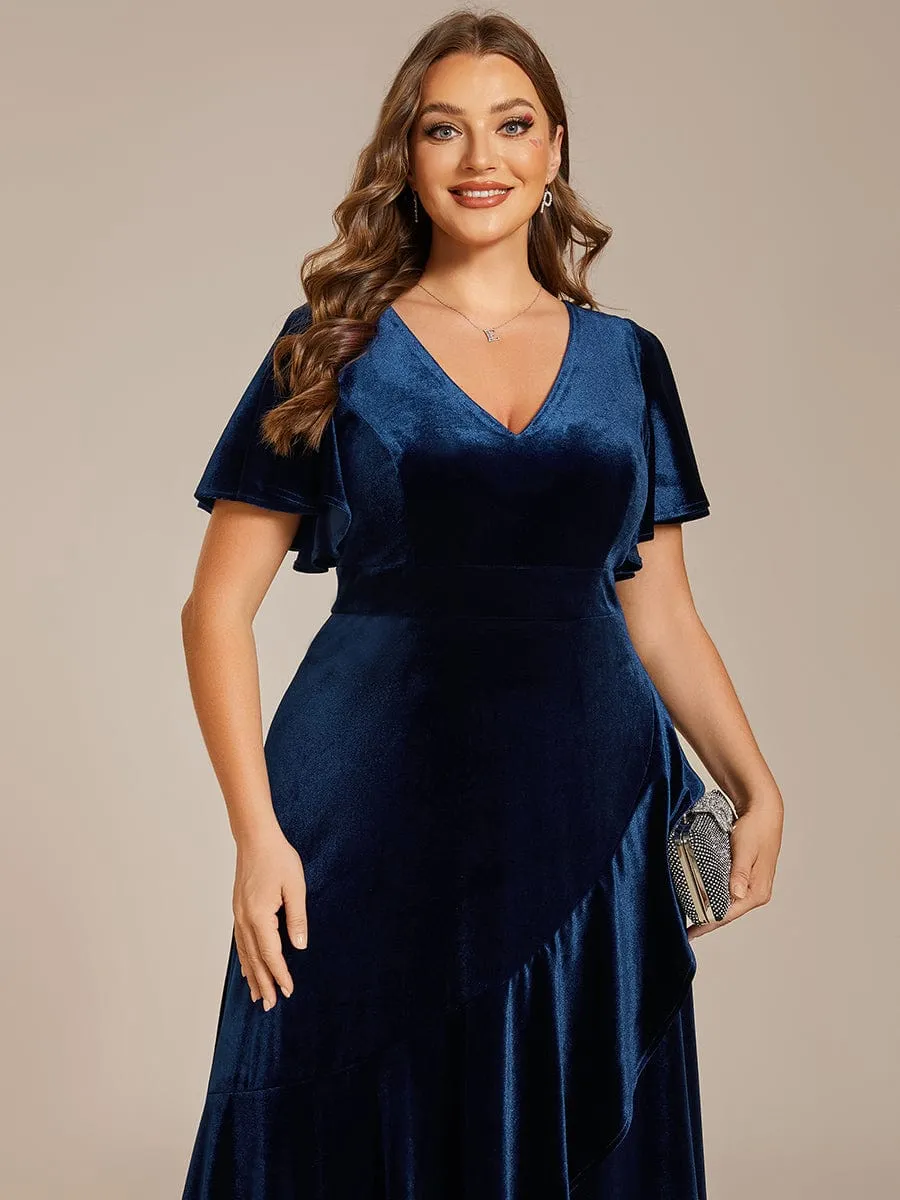 Plus Size Lotus Leaf Hem A-Line V-Neck Ruffles Sleeve Velvet Evening Dress