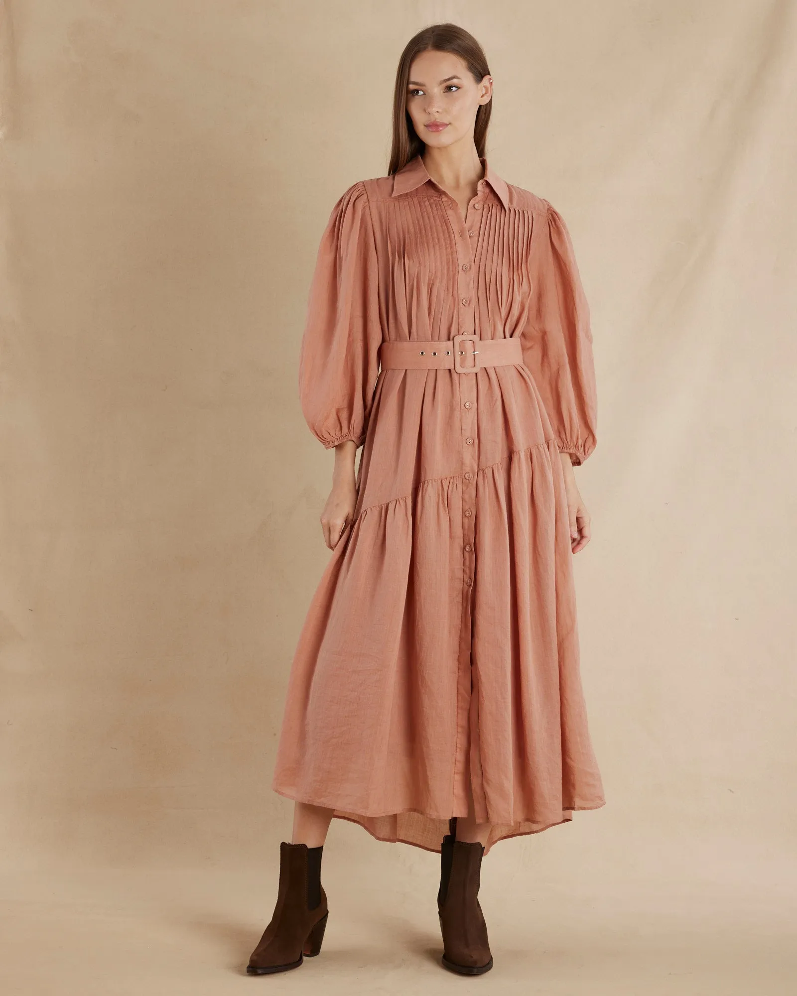 Poeta Ramie Pintuck Belted Dress - Blush