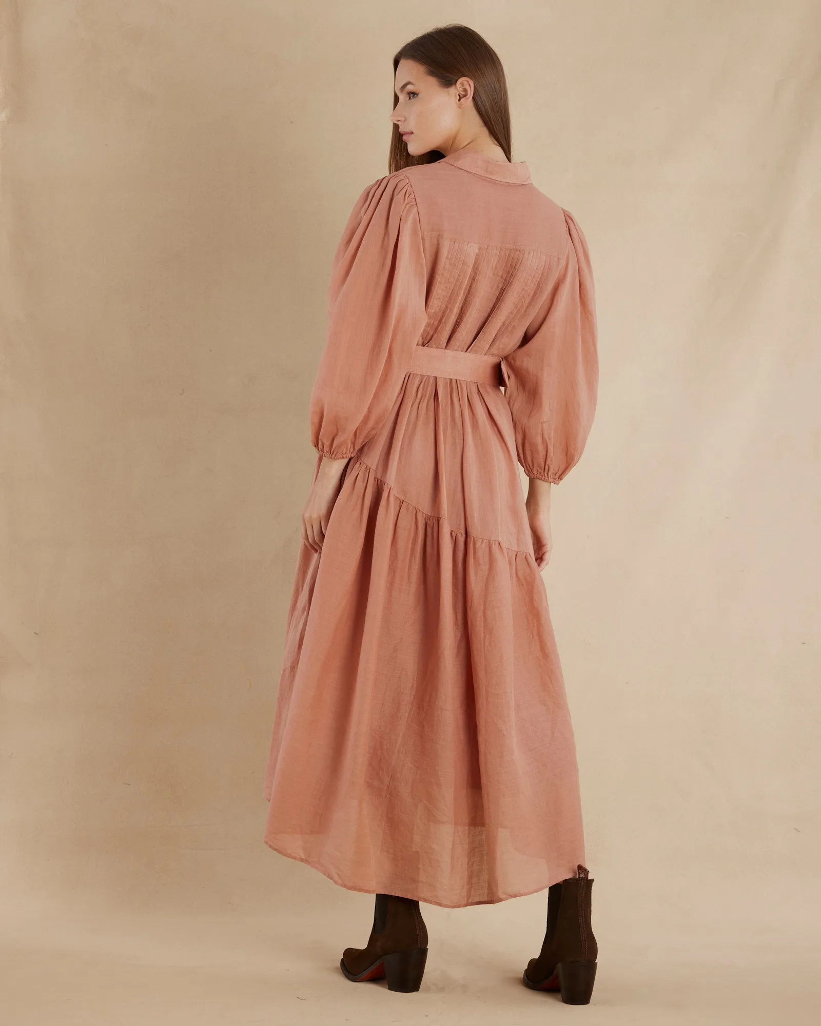 Poeta Ramie Pintuck Belted Dress - Blush