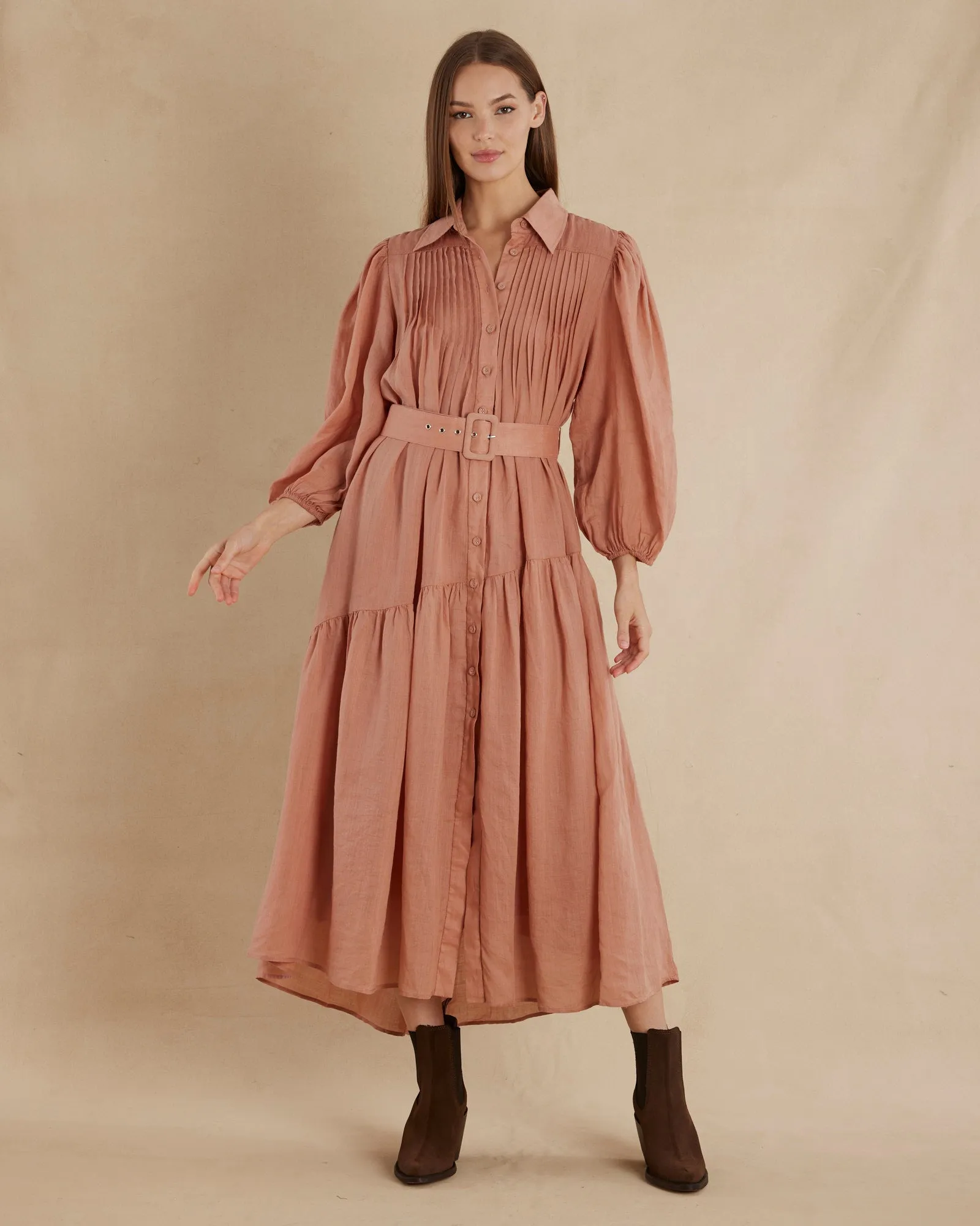 Poeta Ramie Pintuck Belted Dress - Blush