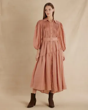 Poeta Ramie Pintuck Belted Dress - Blush