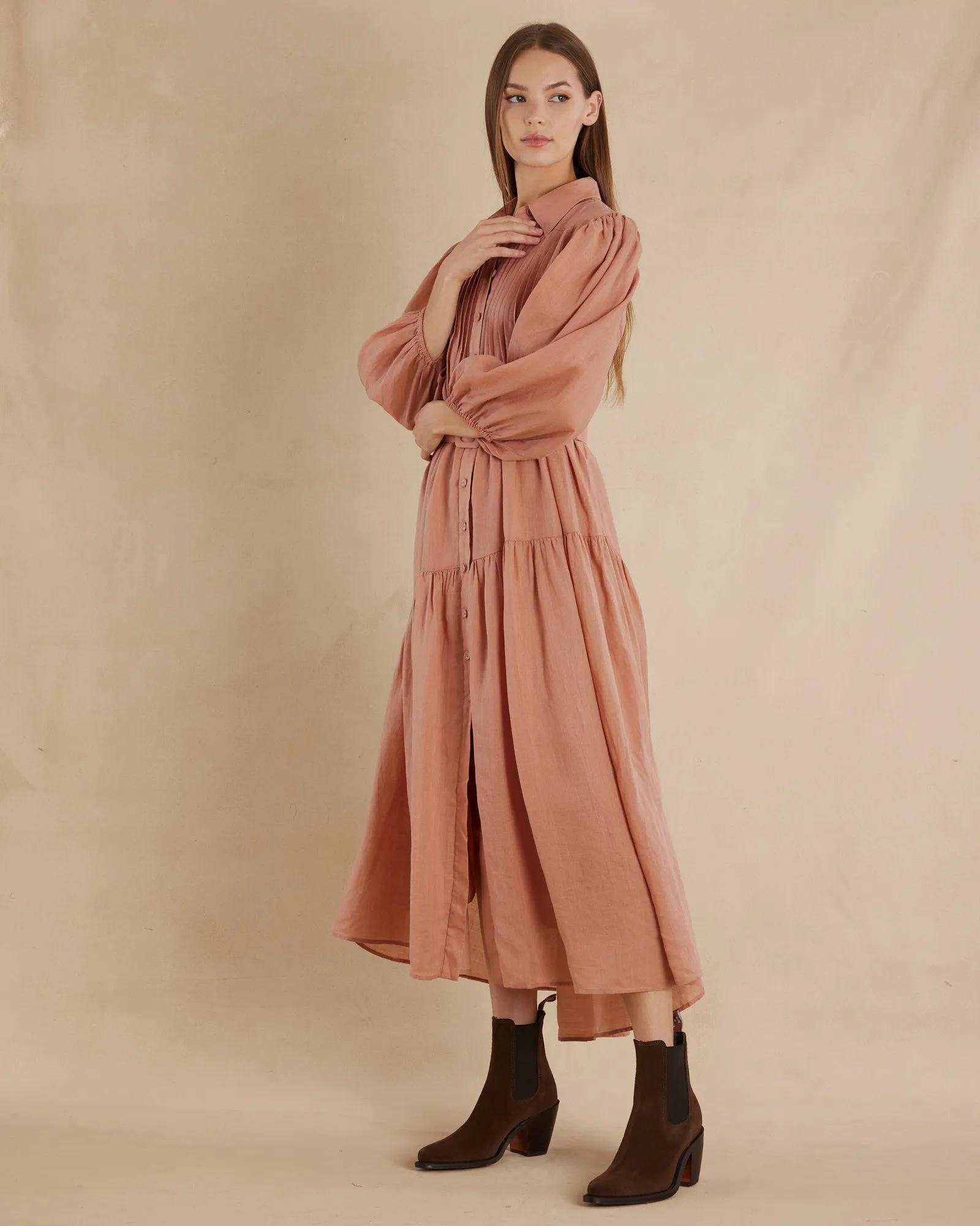 Poeta Ramie Pintuck Belted Dress - Blush