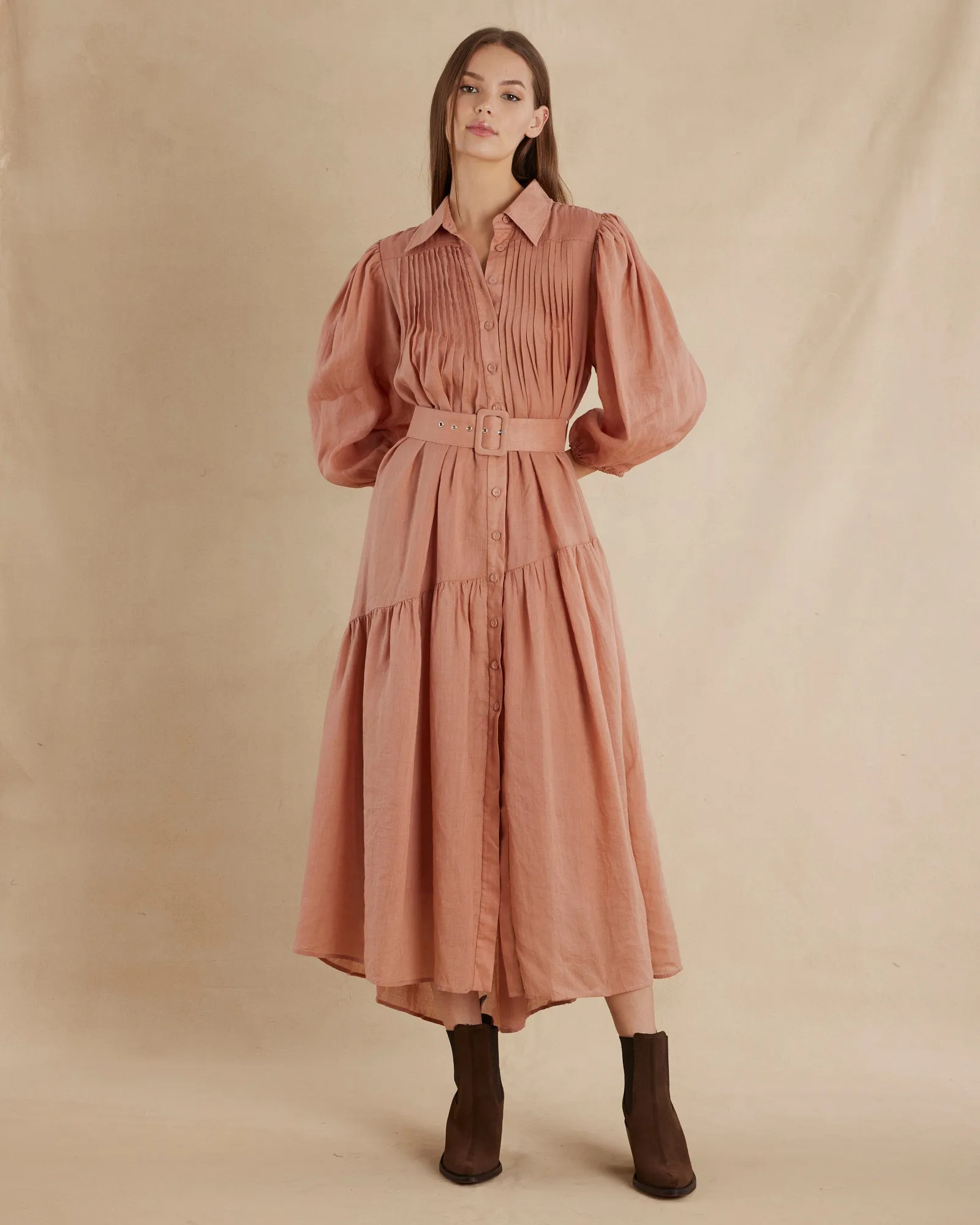 Poeta Ramie Pintuck Belted Dress - Blush