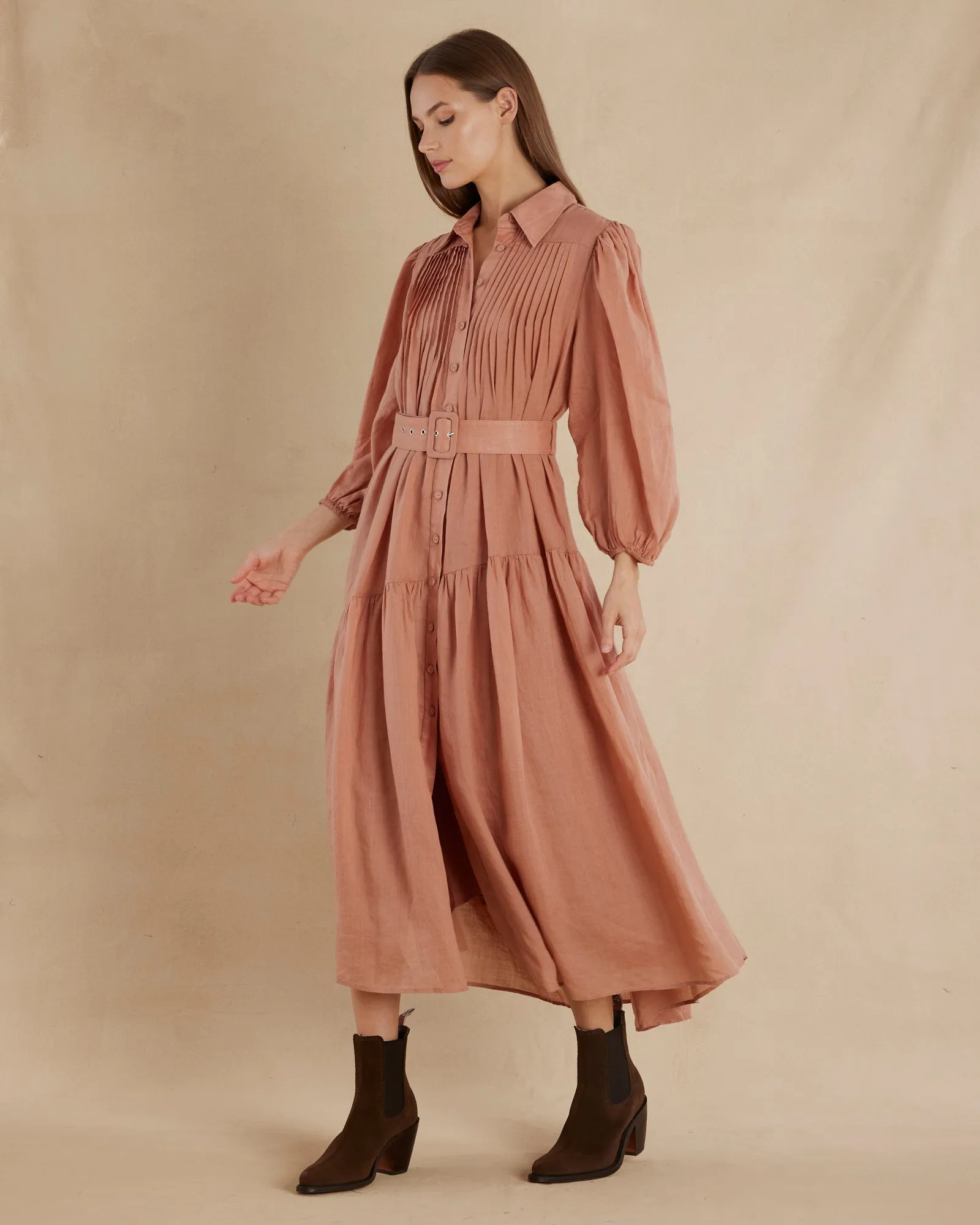 Poeta Ramie Pintuck Belted Dress - Blush