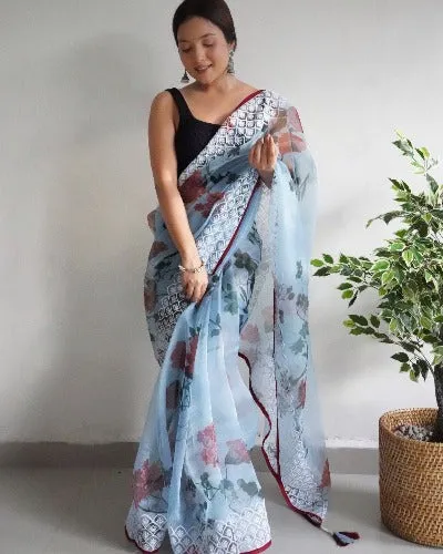 Powder Blue Pure Organza Floral Print Saree