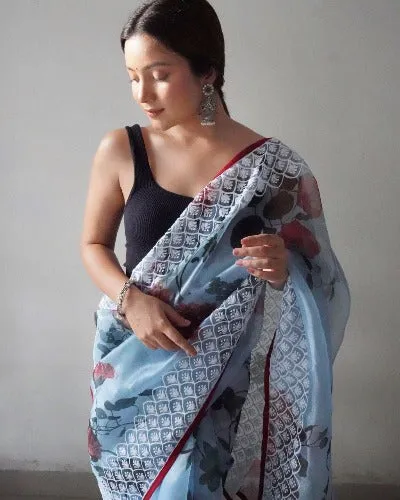 Powder Blue Pure Organza Floral Print Saree