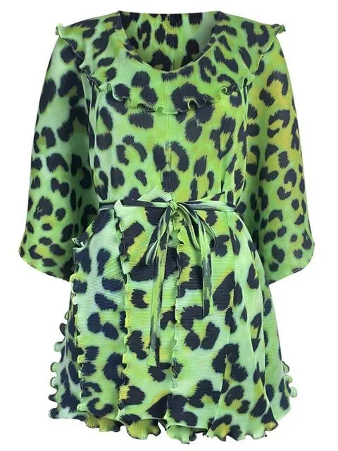 Pre Order:  Green Leopard Tie-Up Short Dress