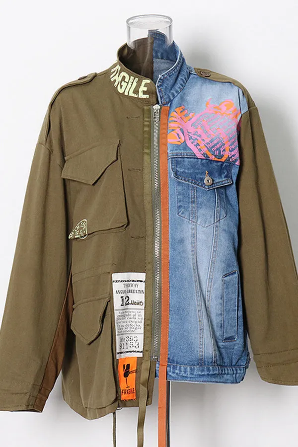 Purpdrank - Army Green Casual Print Patchwork Turndown Collar Long Sleeve Regular Denim Jacket