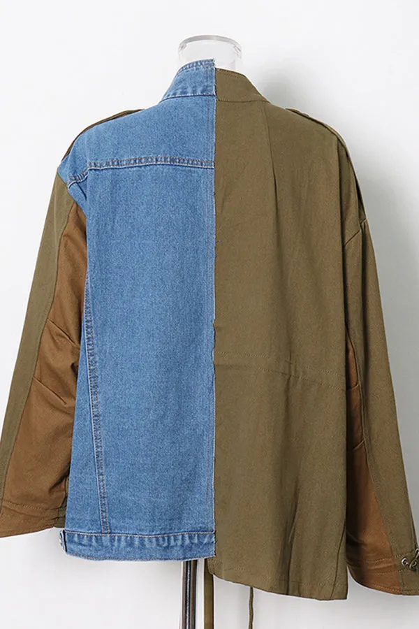 Purpdrank - Army Green Casual Print Patchwork Turndown Collar Long Sleeve Regular Denim Jacket