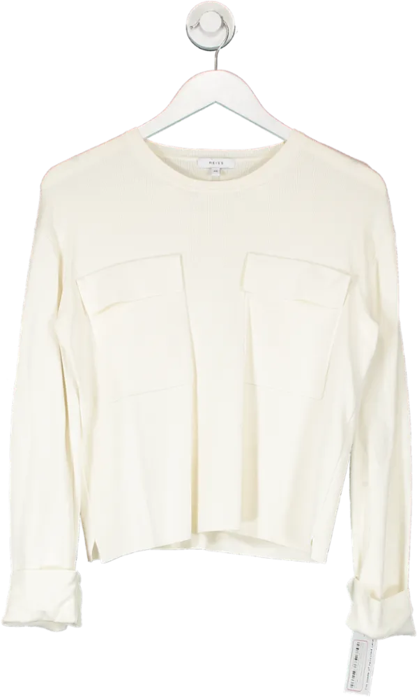 REISS Cream Tilly Knitted Twin Pocket Top UK XS