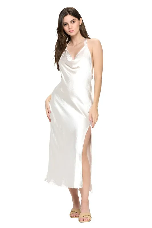 Satin Draped Halter Neck Dress