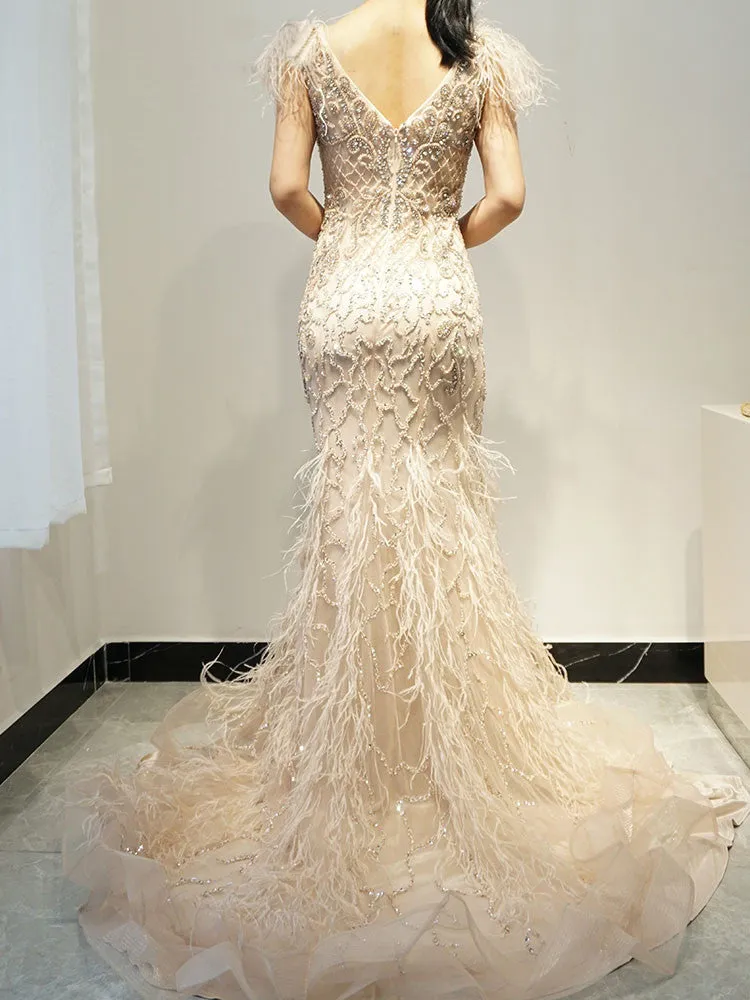 Selinadress Luxury V neck Prom Dress Elegant Feather Tassel Evening Dress Formal Gown SC099