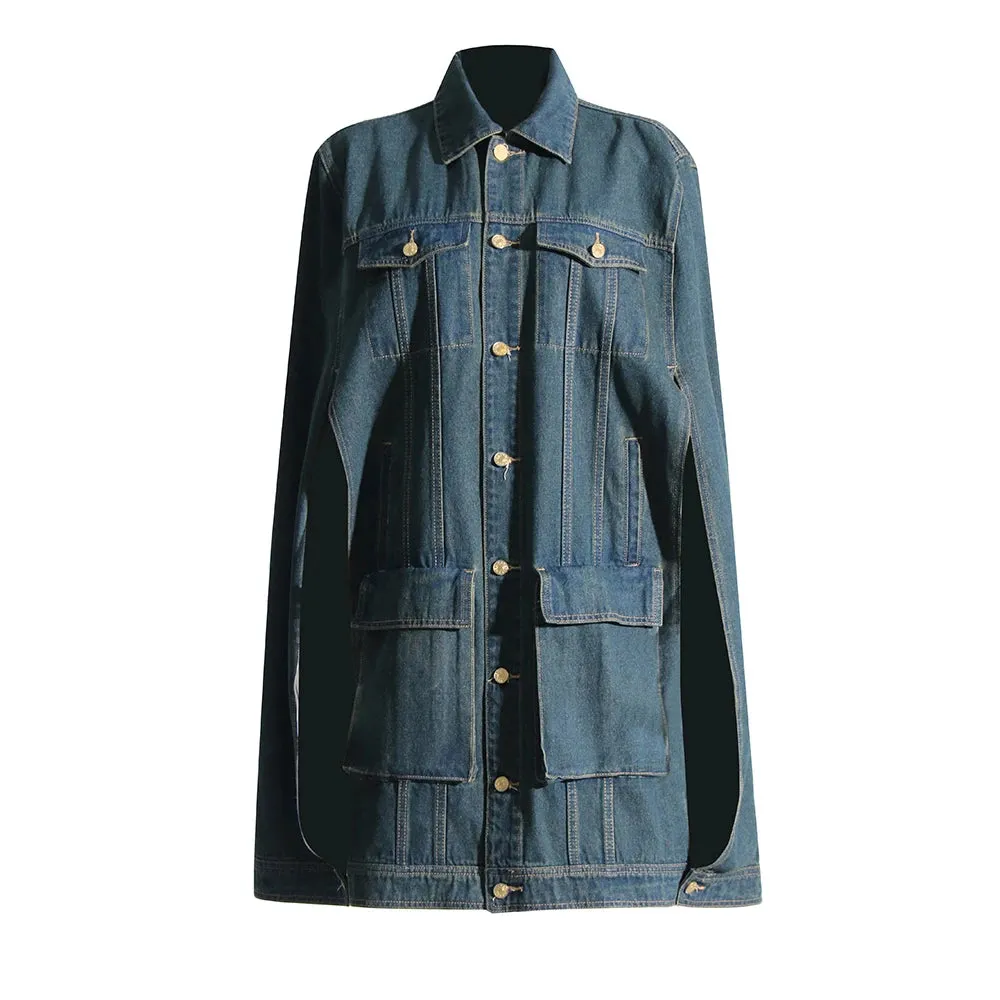 Solid Patchwork Pockets Casual Loose Denim Coats For Women Lapel Cloak Sleeve Spliced Single Breasted Streetwear Coat Female