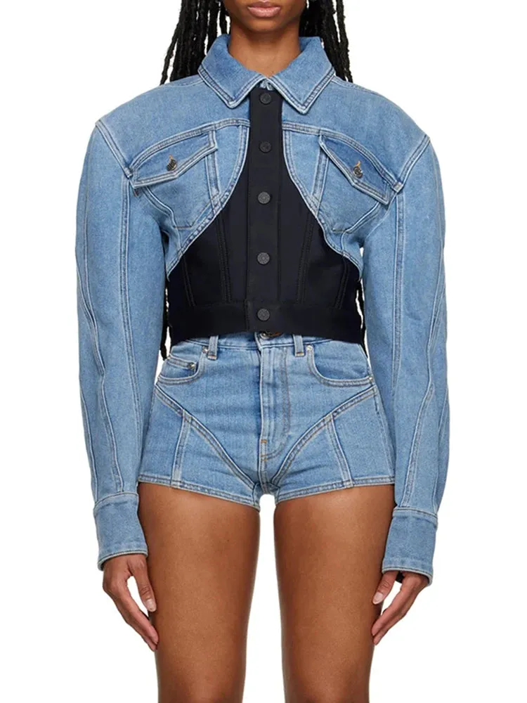 Streetwear Hit Color Denim Jackets For Women Lapel Long Sleeve Patchwork Single Breasted Skinny Short Coats Female Fashion