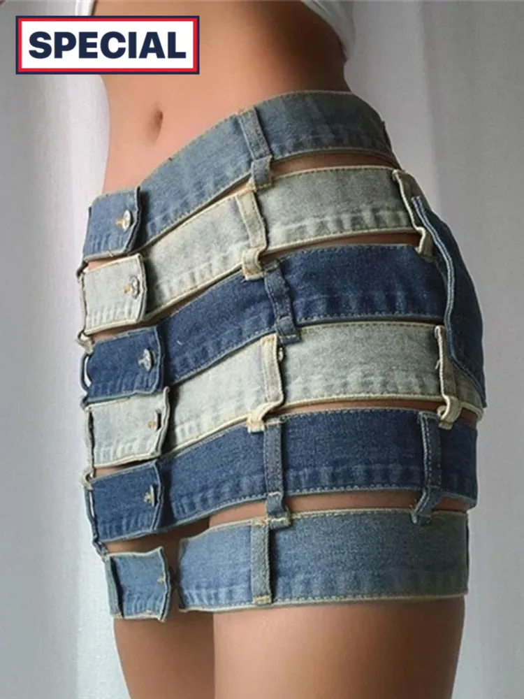 Trendy Denim Colorblock High Waist Skirt