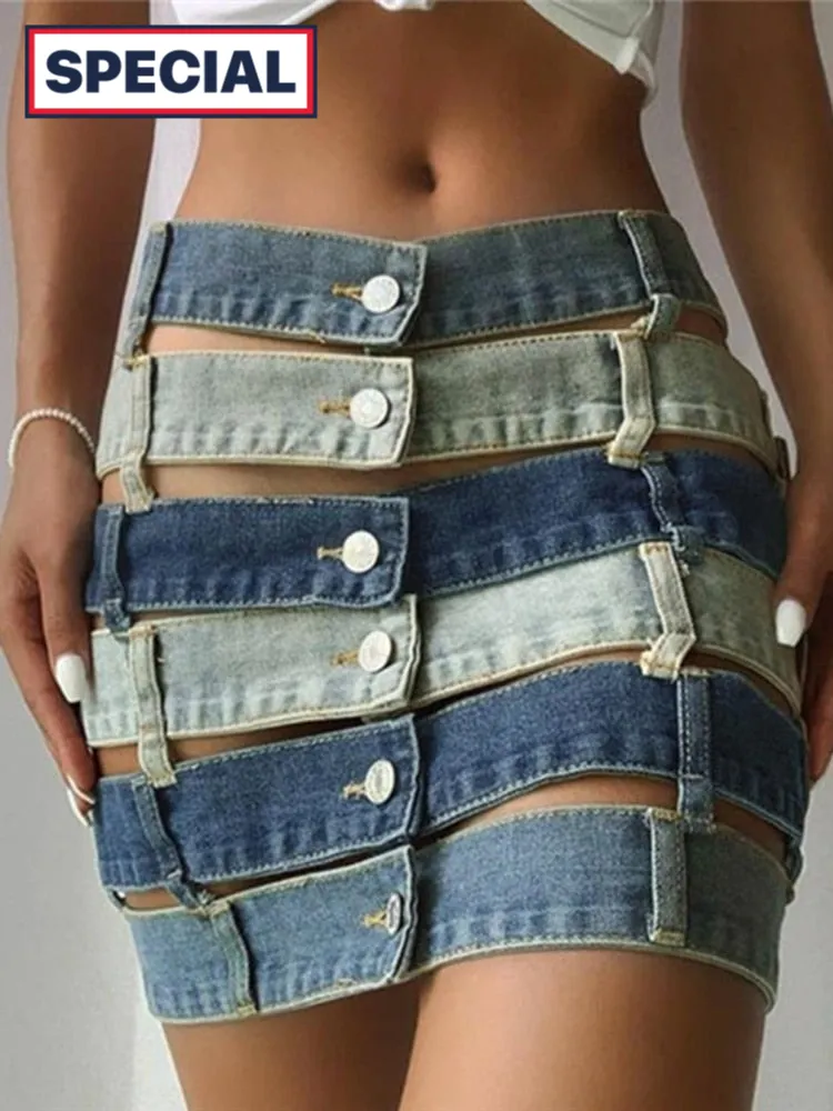 Trendy Denim Colorblock High Waist Skirt