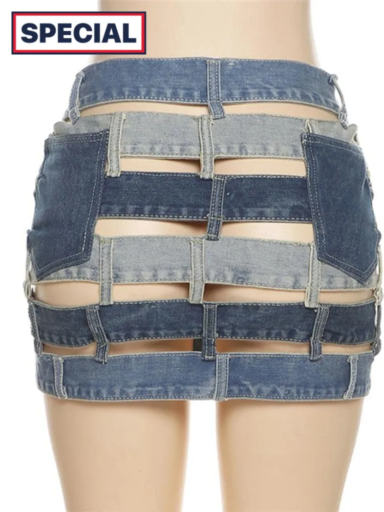 Trendy Denim Colorblock High Waist Skirt