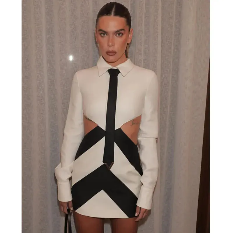 Trendy Long Sleeve Patchwork Black White Mini Bandage Dress